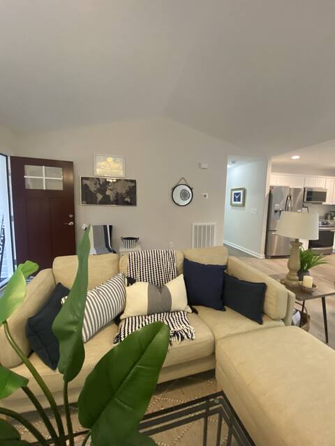 Living room with sofa and navy accent pillows