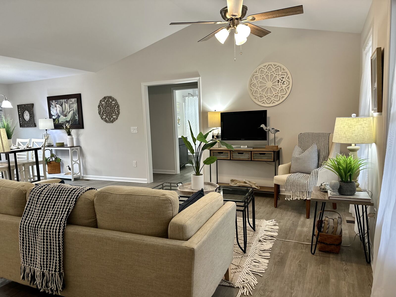 Open-concept living room with vaulted ceiling